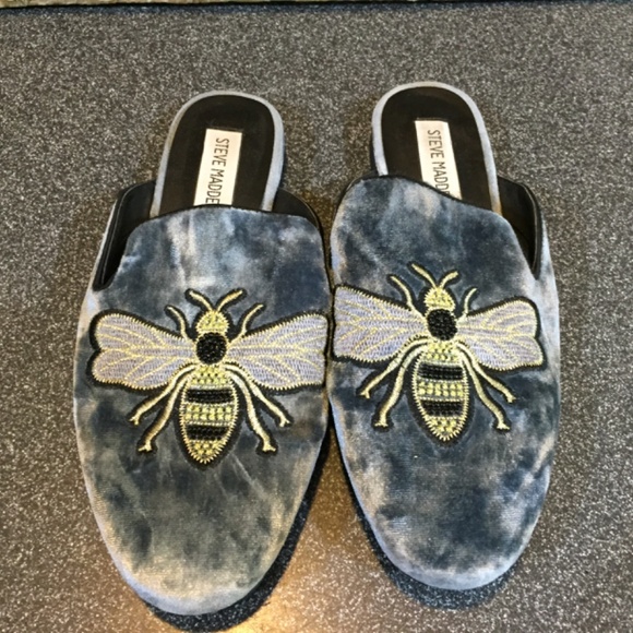 Steve Madden Blue-Gray and Gold Bee Embroidered Loafers - Picture 8 of 15